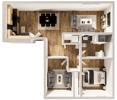 Floor plan for 1 bed, 1 bath, 977 sqft